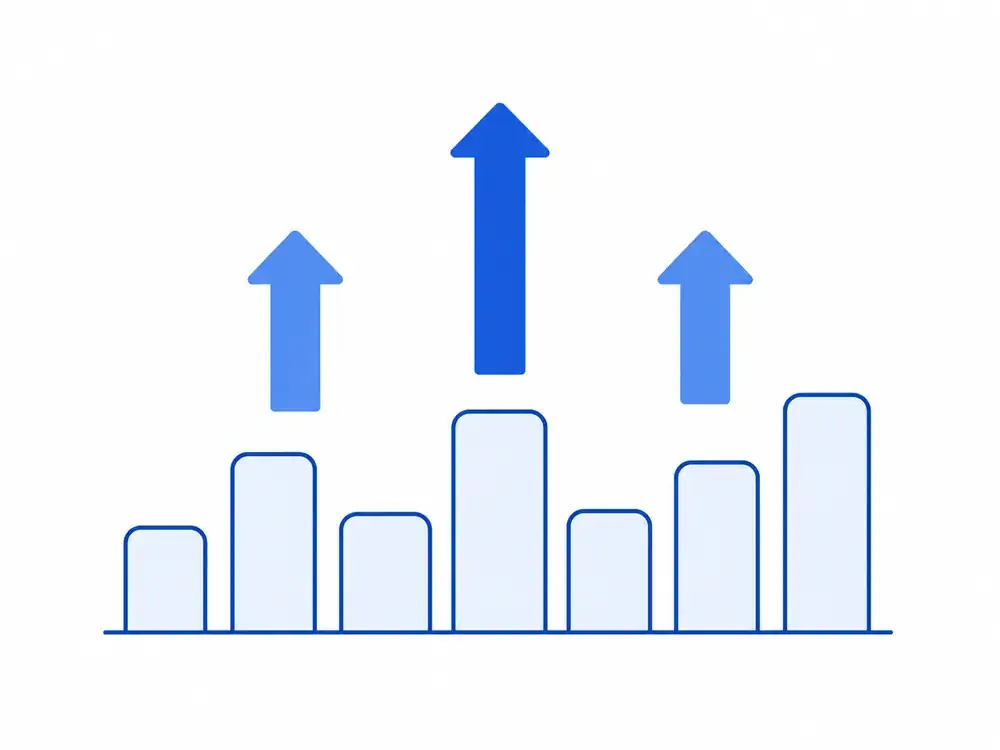 Competing bid arrows of different heights rising above a city skyline