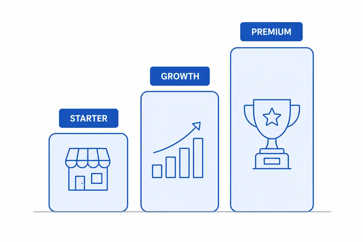 Three ascending tiers of monthly marketing investment labelled starter, growth and premium.