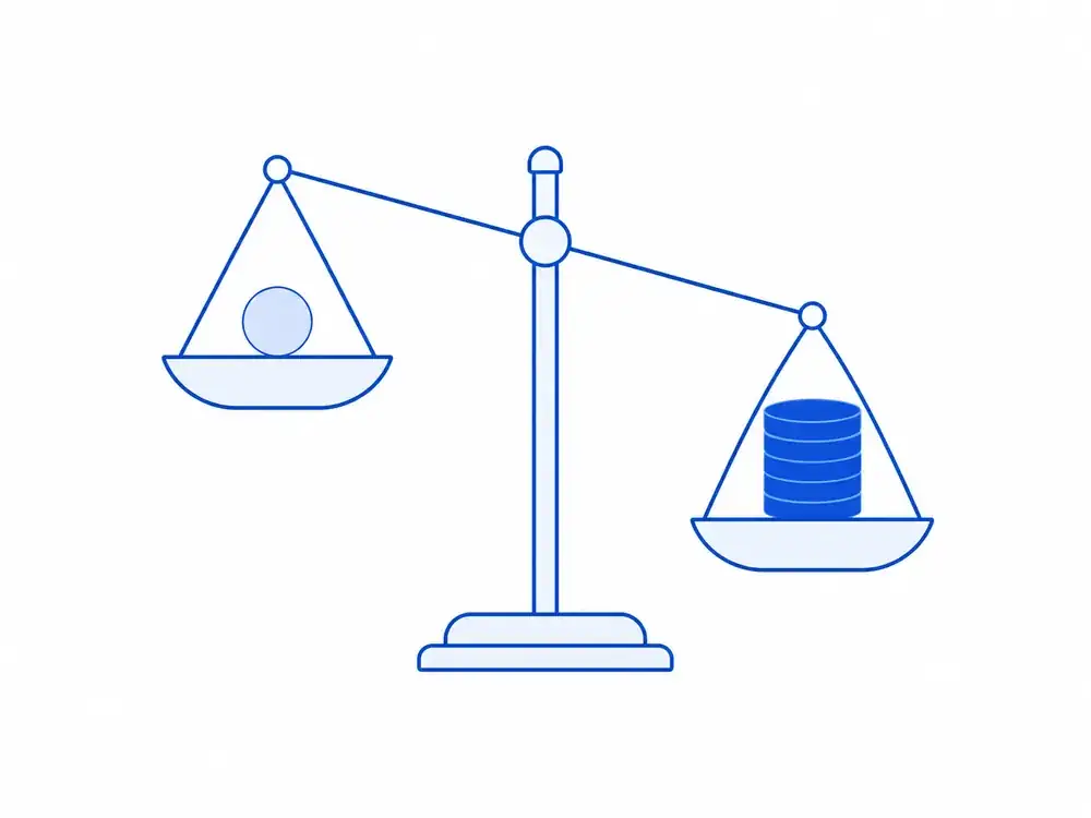 A balance scale tipping towards a tall stack of coins