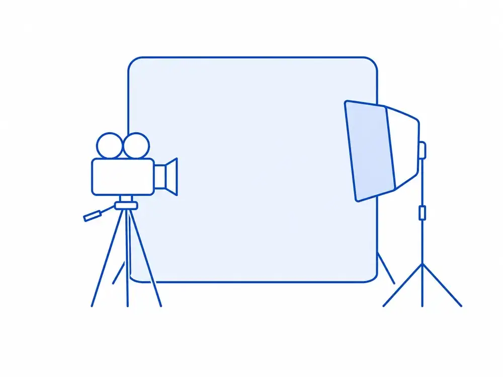 A camera on a tripod facing a softbox light in front of a backdrop