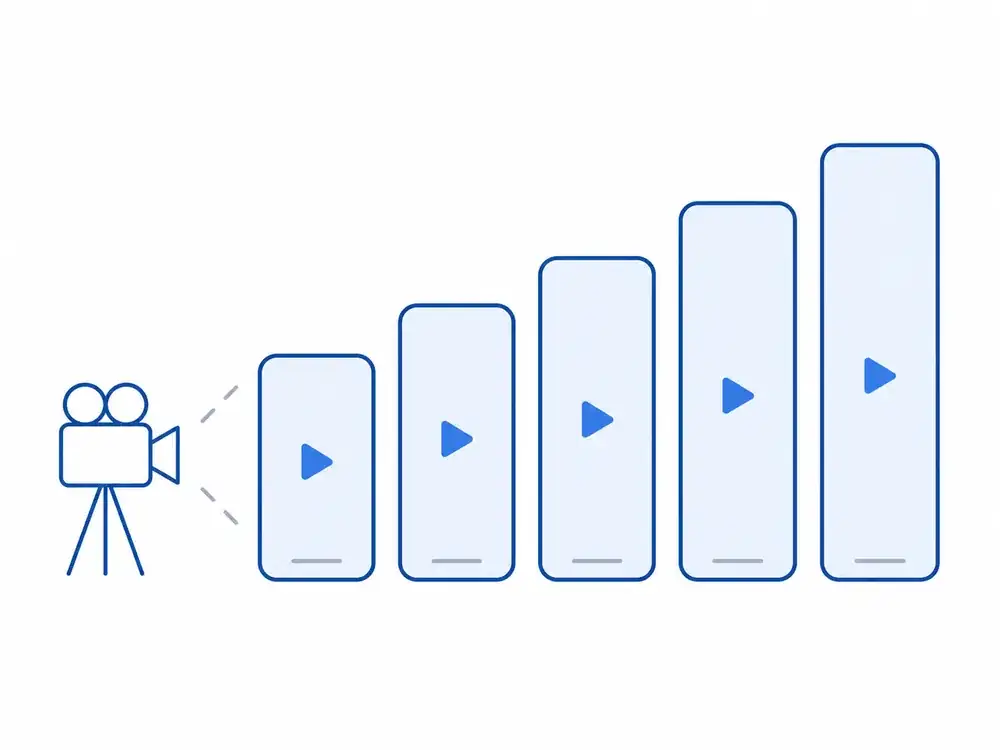 Five video frames rising in height beside a camera, showing more reels means more production