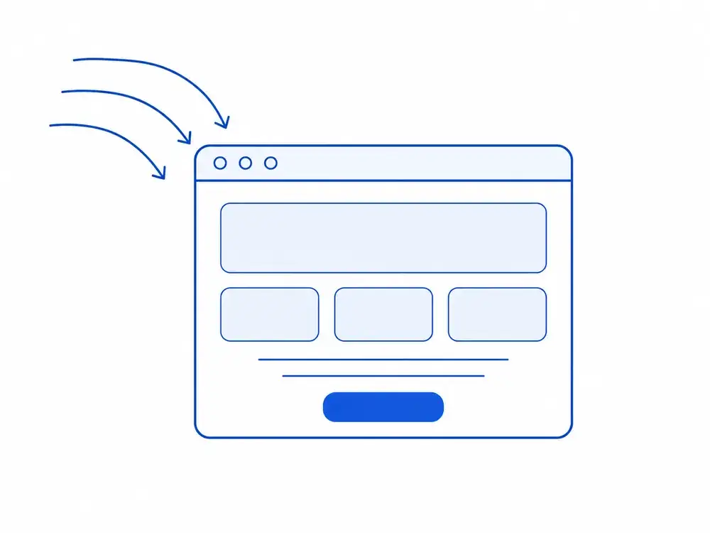 Arrows arriving into a browser window that has a call-to-action button