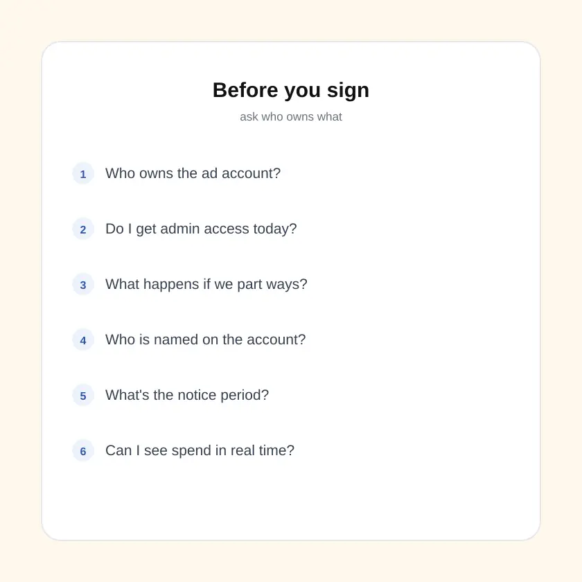 Checklist of questions to ask before signing with a Meta ads or digital marketing agency.