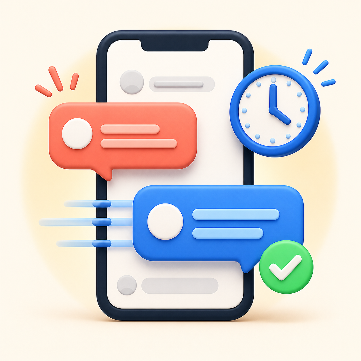 A quick message reply arrives beside a clock and check mark