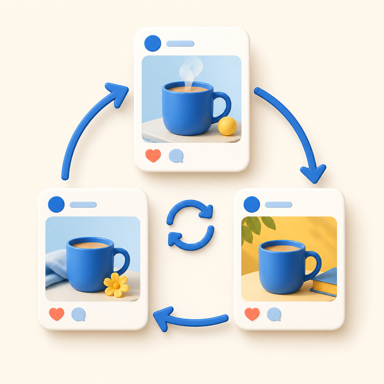 Three related content cards repeat around a cycle