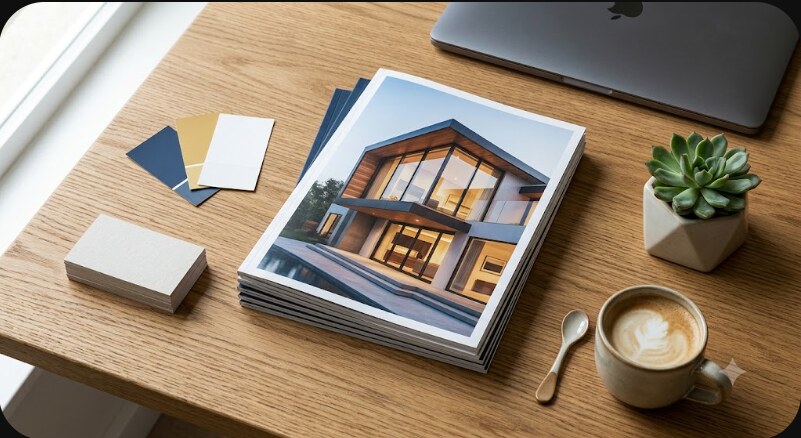 Flat lay of real estate branding kit with brochures and colour palette for Navi Mumbai project