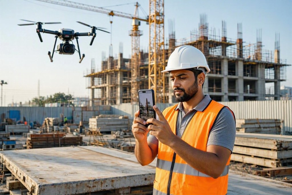 Drone filming vertical walkthrough reel at Navi Mumbai construction site — real estate Reels