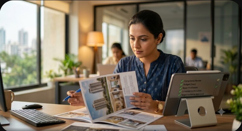 Marketer reviewing a property brochure against a compliance checklist before an ad goes live