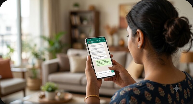 Buyer reading a WhatsApp chat with a real estate agent about booking a site visit, phone in hand in a living room