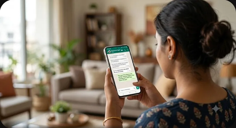 Buyer reading a WhatsApp chat with a real estate agent about booking a site visit, phone in hand in a living room