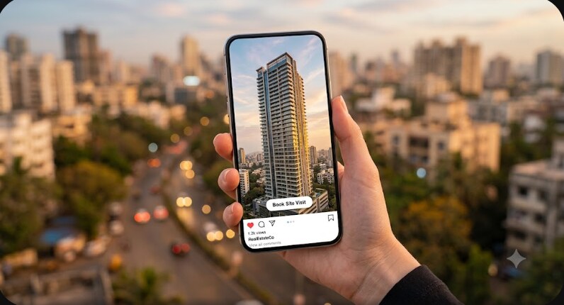 Buyer holding smartphone with property ad against Mumbai skyline — Meta ads for real estate Navi Mumbai