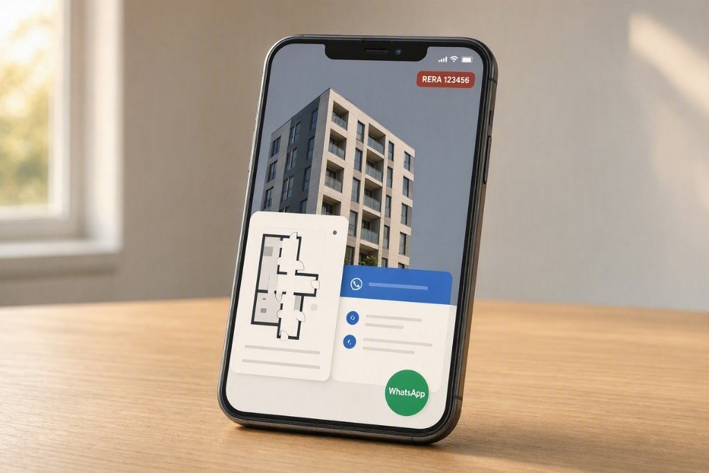 Smartphone mockup of RERA-compliant real estate landing page with WhatsApp booking — Navi Mumbai