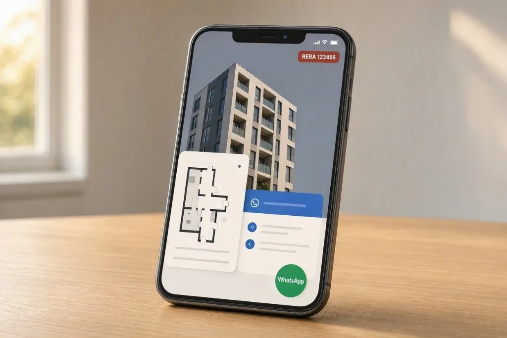 Smartphone mockup of RERA-compliant real estate landing page with WhatsApp booking, Navi Mumbai